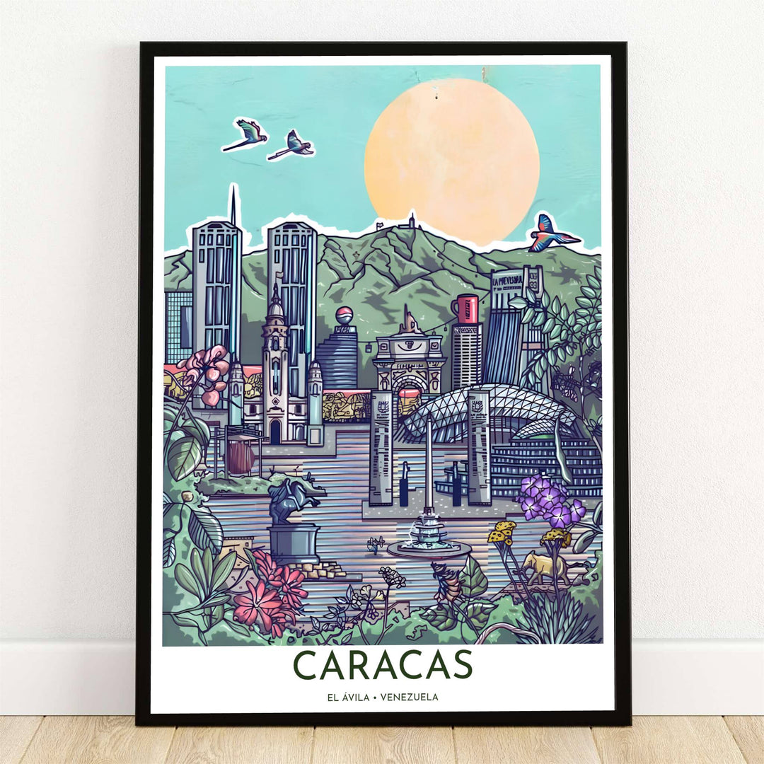 Caracas Venezuela skyline pop art print featuring a comic-style illustration of Parque Central, La Previsora, Mount El Ávila, and flying macaws. Crafted by MapYourDreams, this design can be ordered as borderless archival paper, custom wooden frames, or gallery canvas wraps