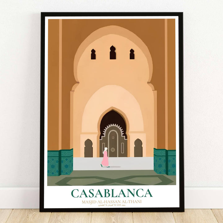 Minimalist vector travel poster of Hassan II Mosque in Casablanca Morocco featuring grand horseshoe archways and green zellij tiles. Offered by MapYourDreams, this artwork is available in flexible options including unframed paper, custom wooden frames, and gallery canvas wraps for room decor.