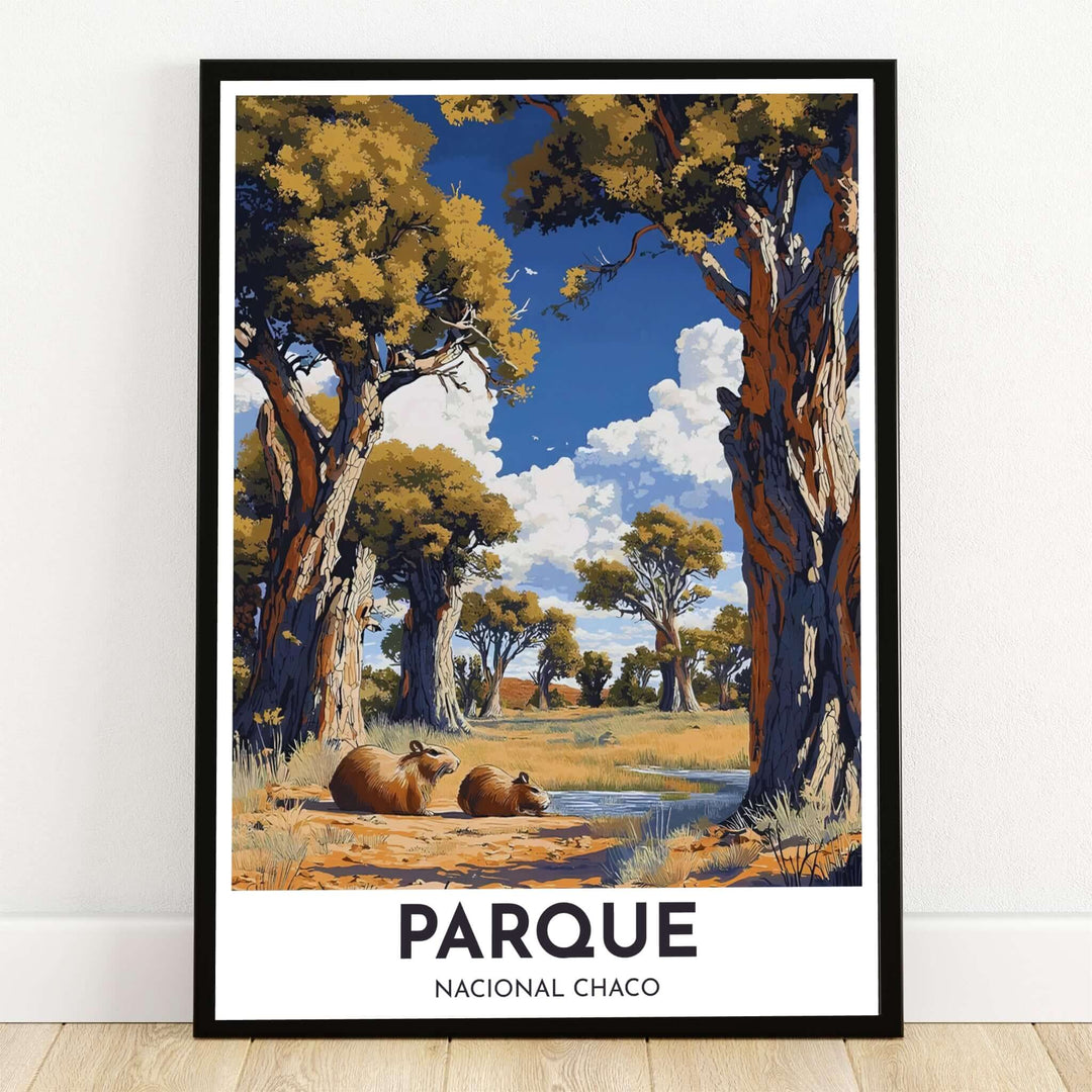 Chaco National Park capybara poster print featuring two capybaras resting beside a savanna stream framed by tall trees in Argentina. Crafted by MapYourDreams, this design can be ordered as borderless archival paper, custom wooden frames, or gallery canvas wraps.