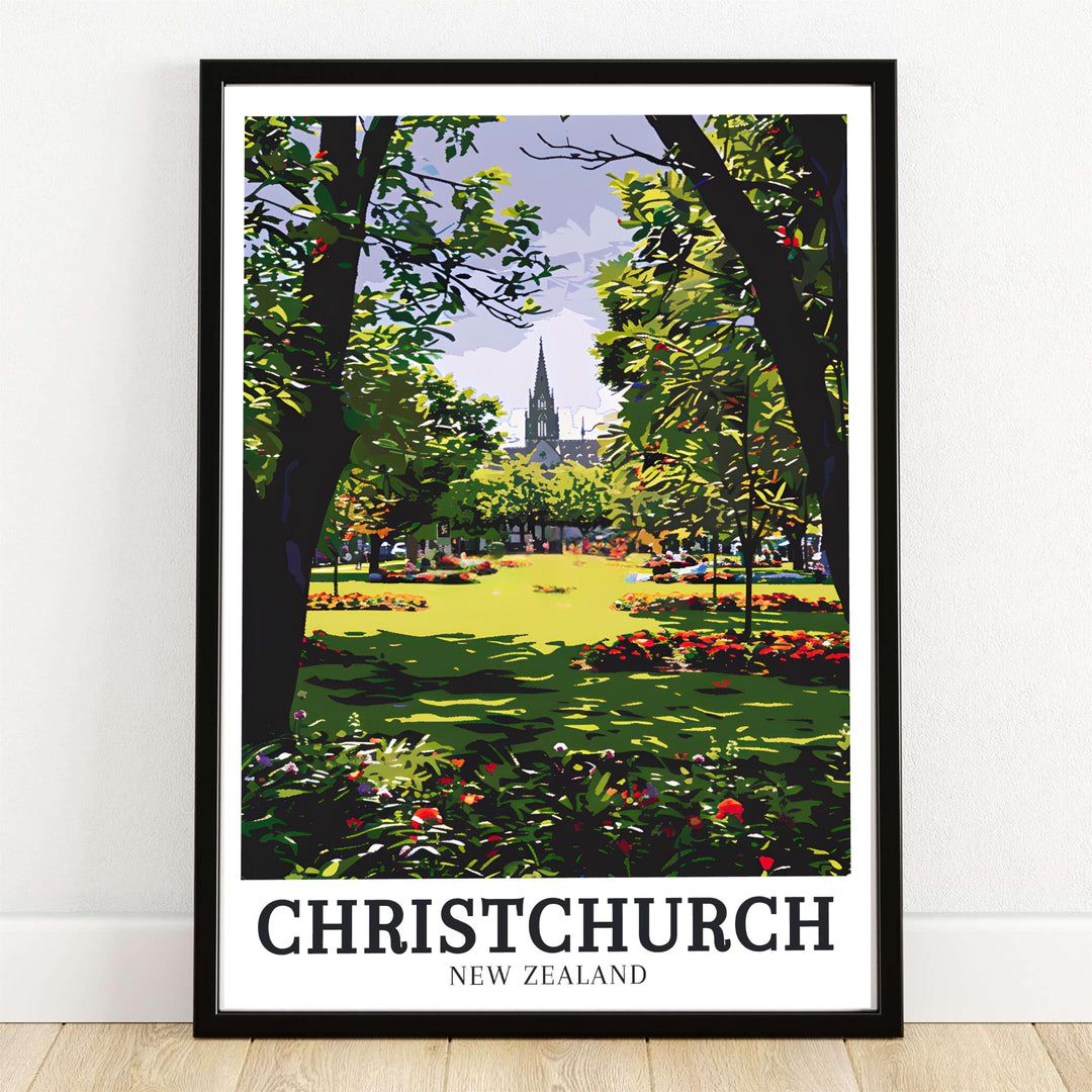 Sun-dappled lawns and lush trees in Christchurch Botanic Gardens frame the spire of Christchurch Cathedral in this New Zealand travel poster. MapYourDreams provides framed, unframed, and canvas options.