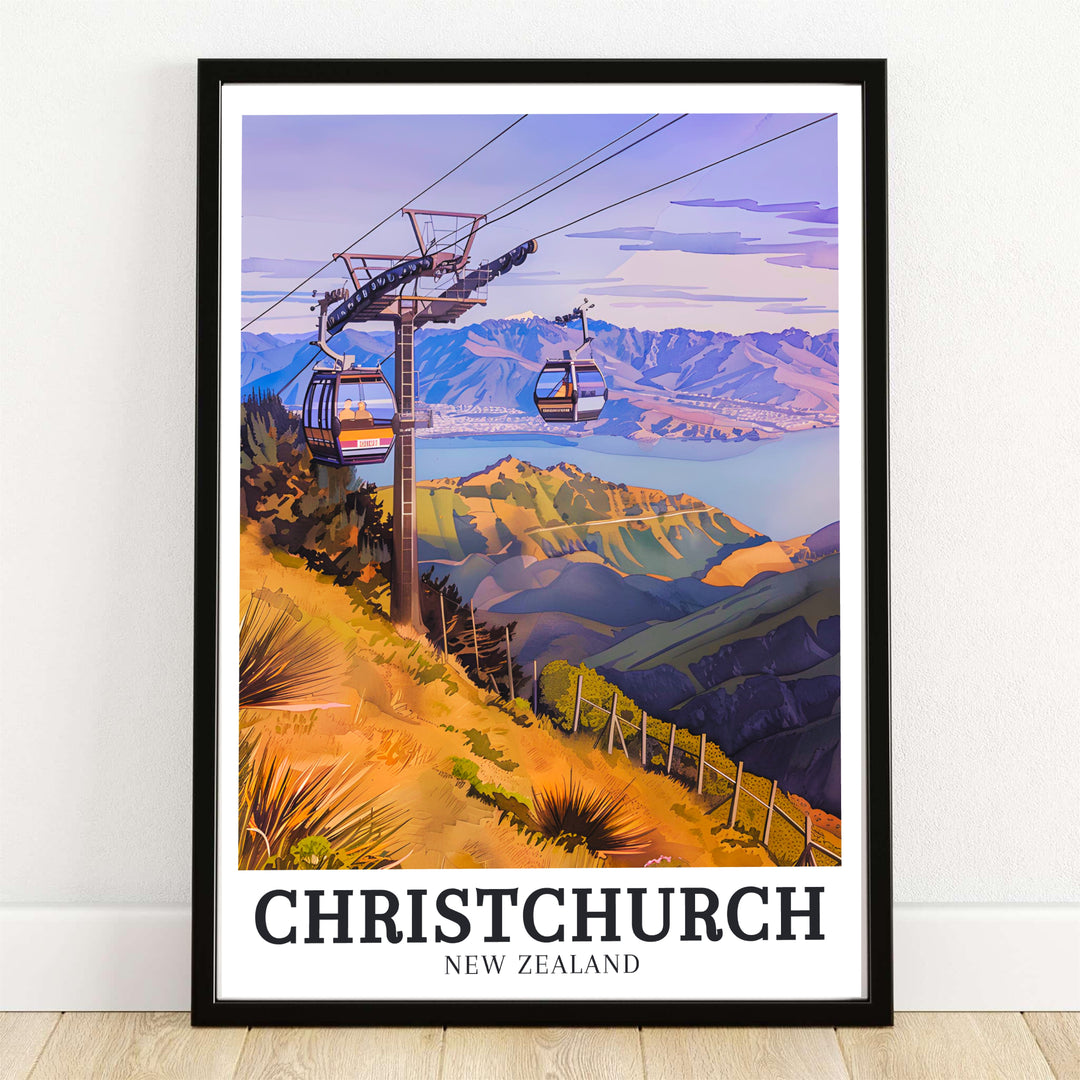 Cable car cabins of the gondola glide above the golden slopes of Port Hills with Lake Ellesmere visible in ChristChurch on this travel poster. MapYourDreams provides framed, unframed, and canvas options.