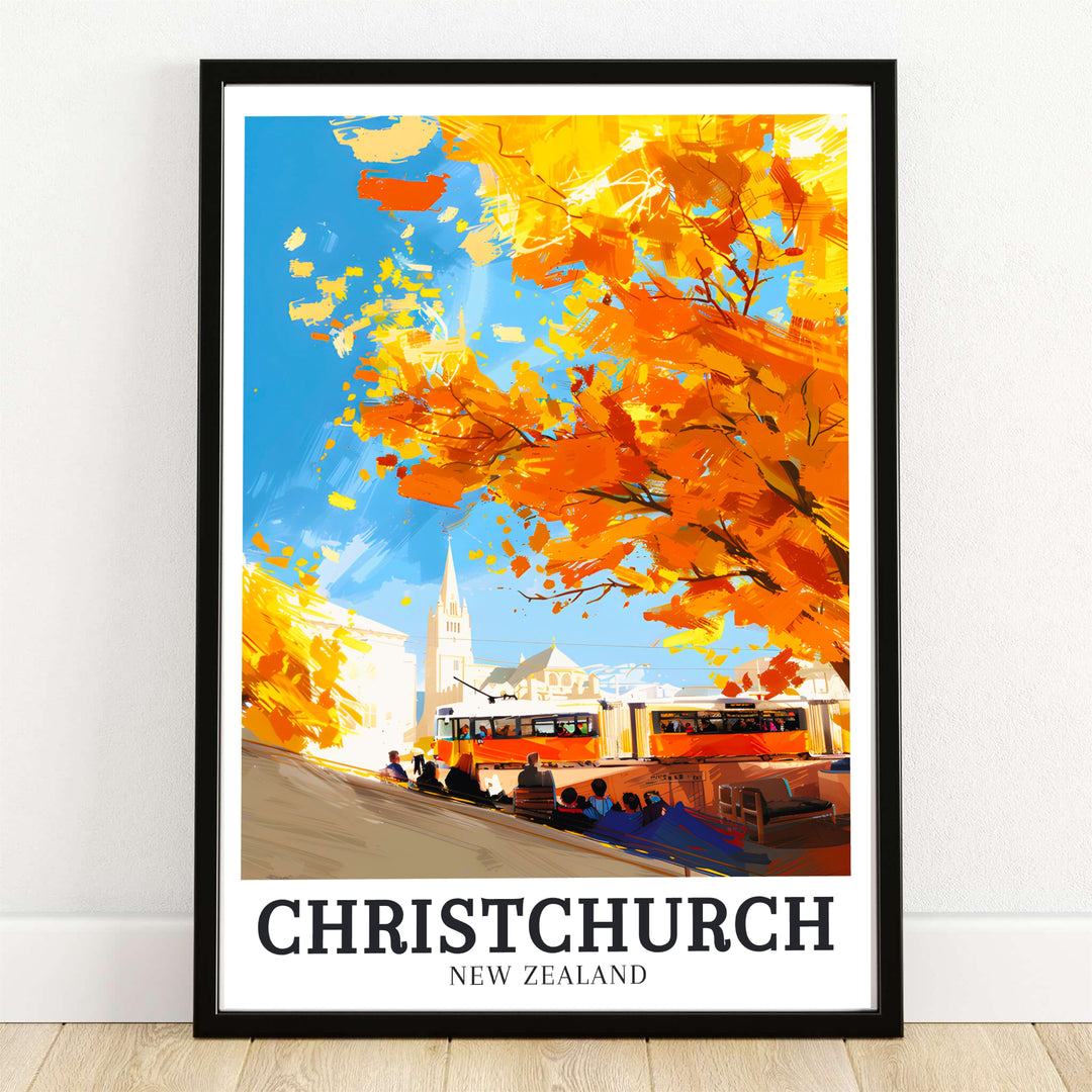 Bright golden autumn tree branches frame vintage orange trams and Christchurch Cathedral in Cathedral Square on this travel poster. MapYourDreams provides framed, unframed, and canvas print options.