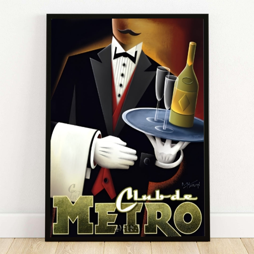 Club de Metro poster illustrating a vintage Art Deco illustration of a waiter in a tuxedo holding a tray with a champagne bottle and flutes, offered by MapYourDreams as an unframed paper print, stretched gallery canvas wall decor, or custom framed options for home bar areas.