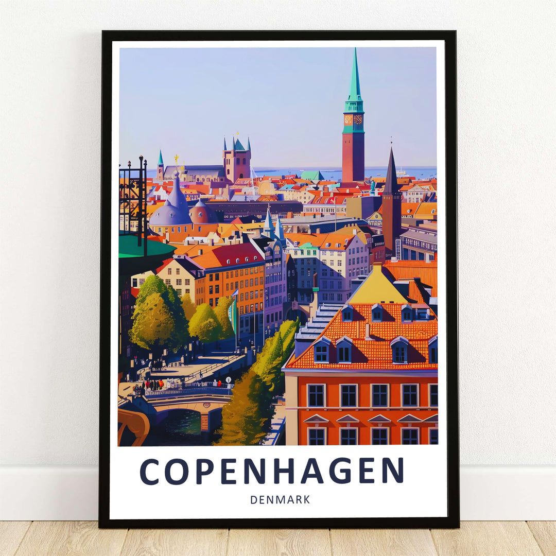 Colorful Copenhagen Denmark skyline artwork featuring the iconic Round Tower and City Hall spires. Offered by MapYourDreams, this artwork is available in flexible options including unframed paper, custom wooden frames, and gallery canvas wraps to suit any room decor.
