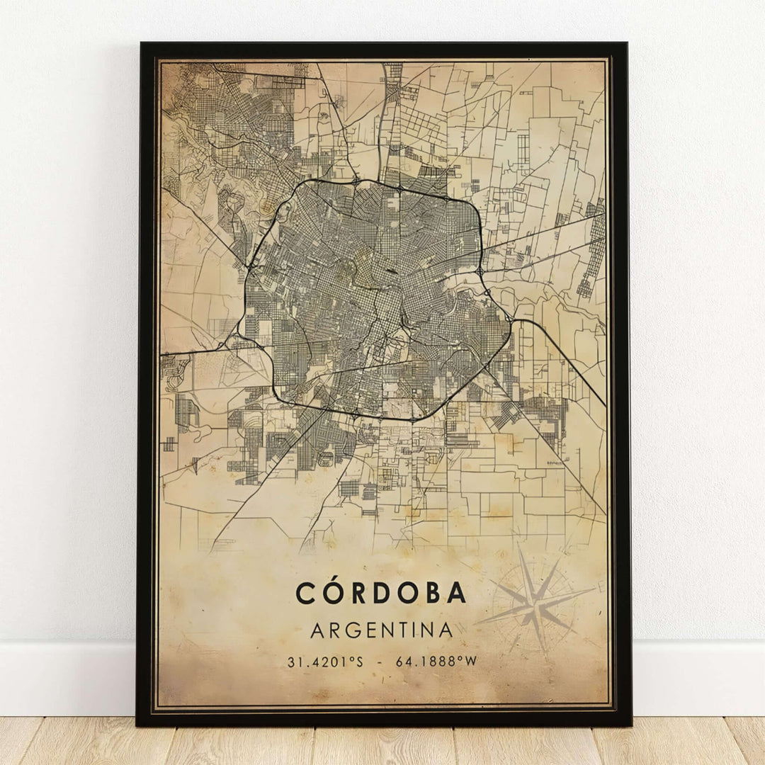 Cordoba Argentina map print in vintage sepia featuring detailed street grid lines, parchment texture, and an antique compass rose. Crafted by MapYourDreams, this design can be ordered as borderless archival paper, custom wooden frames, or gallery canvas wraps.
