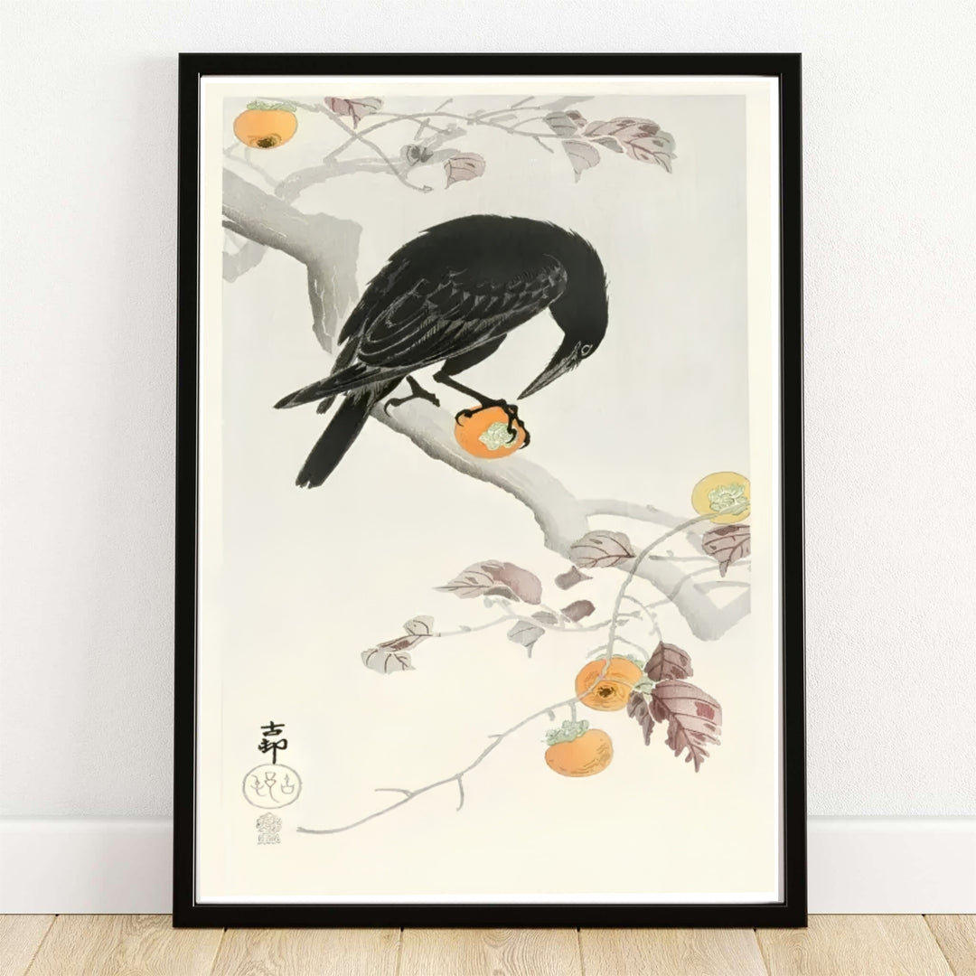 Ohara Koson Crow With Kaki Fruit 1900 1910 Japanese woodblock print set in a Tokyo Ueno Park autumn garden style. MapYourDreams provides custom framed, unframed paper, and canvas wall art decor choices.
