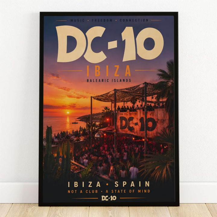 DC-10 Ibiza poster depicting an open-air terrace club at sunset on the Balearic Islands in Spain, offered by MapYourDreams as an unframed paper print, gallery wrapped canvas, or custom framed wall art piece ideal for music lounge rooms and home bar areas.