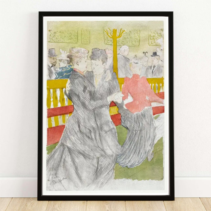 Rare French dance lithograph reproduction of Dance At The Moulin Rouge (1897), Henri de Toulouse-Lautrec depicting waltzing figures in Paris, France. MapYourDreams offers versatile framed wall art, unframed poster prints, and stretched canvas print options for classic home interiors.