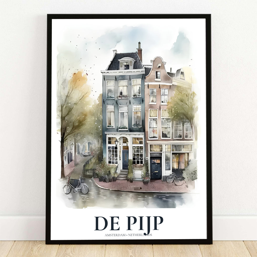 De Pijp Amsterdam watercolor poster featuring an architectural art print of historic gabled townhouses and street-level shopfronts, offered by MapYourDreams with product options including unframed paper prints, gallery wrapped canvas wall decor, or custom framed options for cozy rooms.