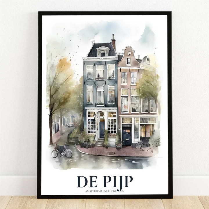 De Pijp Amsterdam watercolor poster featuring an architectural art print of historic gabled townhouses and street-level shopfronts, offered by MapYourDreams with product options including unframed paper prints, gallery wrapped canvas wall decor, or custom framed options for cozy rooms.