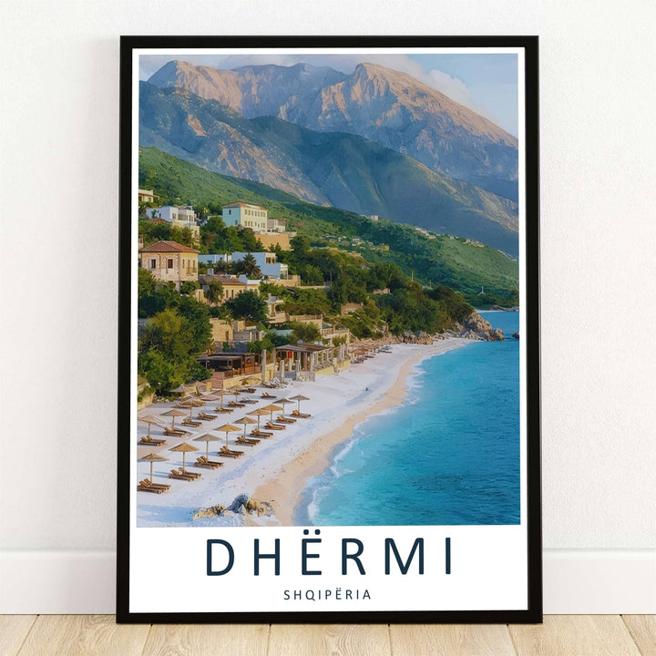 Pristine white pebble beaches and crystal-clear turquoise waters sweep across this photographic print of Dhërmi Beach, Albania, set against massive Ceraunian mountain peaks. MapYourDreams crafts this piece with options spanning unframed archival paper, wooden frames, and stretched canvas wraps.
