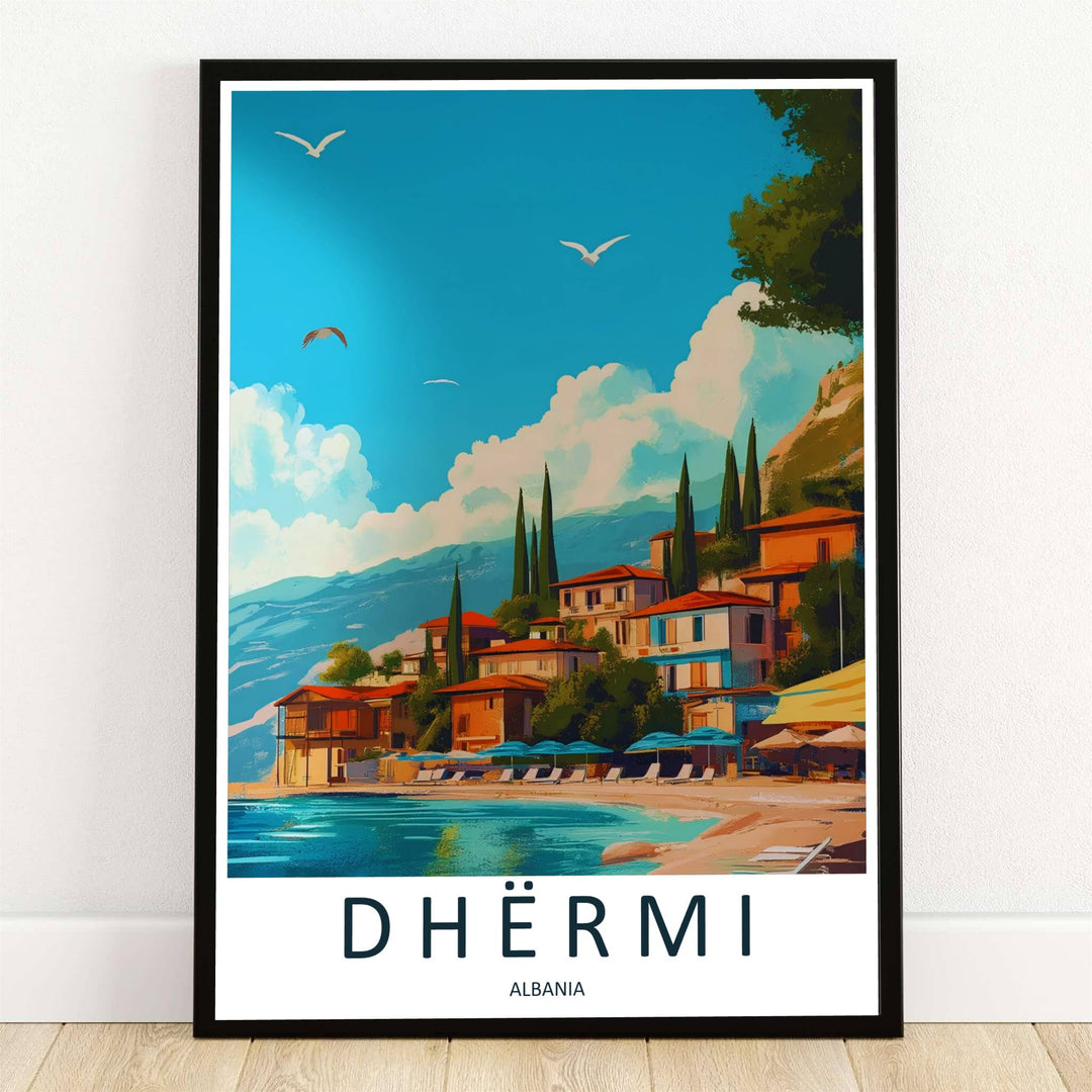 Sun-drenched terracotta cottages cascade down green hills toward turquoise Ionian waters in this Dhërmi Coastal Riviera travel poster. Offered by MapYourDreams, this artwork is available in flexible options including unframed paper, custom wooden frames, and gallery canvas wraps.