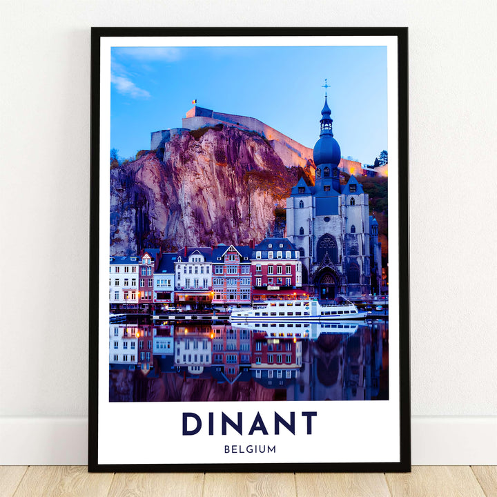 Real photography print of Dinant, Belgium, featuring the Collegiate Church, limestone cliff, and Citadel reflected in the Meuse River at dusk. Offered by MapYourDreams, this artwork is available in flexible options including unframed paper, custom wooden frames, and gallery canvas wraps.