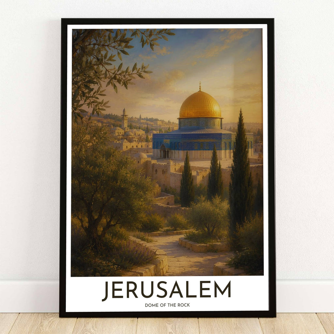 Landscape art print of Dome of the Rock in Jerusalem framed by terraced olive groves and stone pathways under a golden sunset. Offered by MapYourDreams, this artwork is available in flexible options including unframed paper, custom wooden frames, and gallery canvas wraps for room decor.