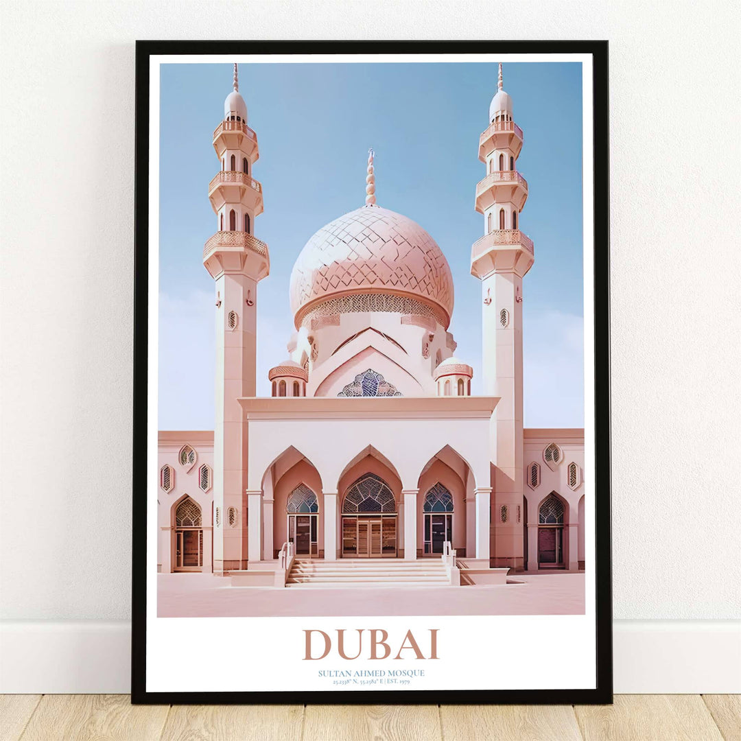 Minimalist vector travel poster of Jumeirah Mosque in Dubai UAE featuring soft desert pink domes and twin minarets. Offered by MapYourDreams, this artwork is available in flexible options including unframed paper, custom wooden frames, and gallery canvas wraps for room decor.