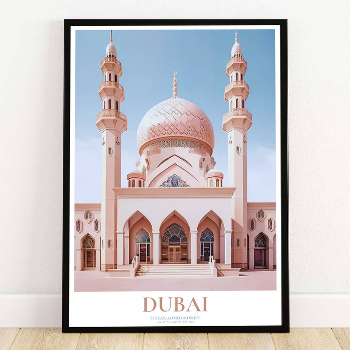 Minimalist vector travel poster of Jumeirah Mosque in Dubai UAE featuring soft desert pink domes and twin minarets. Offered by MapYourDreams, this artwork is available in flexible options including unframed paper, custom wooden frames, and gallery canvas wraps for room decor.