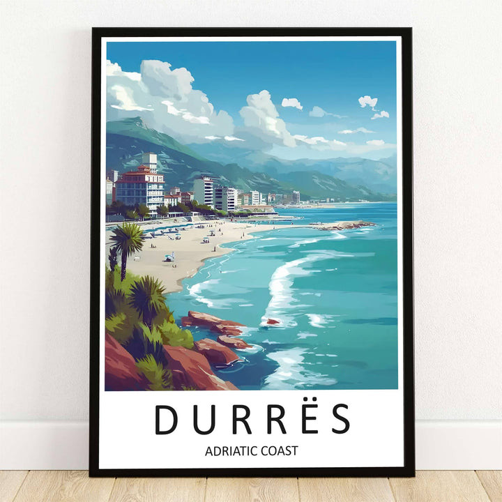 Glistening turquoise waves lap against the sandy shore of Durrës, Albania, where palm trees and coastal resorts face distant blue mountains. MapYourDreams offers this artwork in flexible choices including unframed archival paper, wooden frames, and gallery canvas wraps.