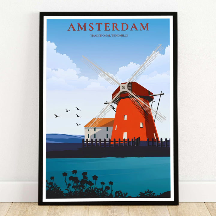 Dutch Windmill Netherlands poster featuring a vintage retro vector art print of a bold red windmill set against a sky blue backdrop with cloud formations, offered by MapYourDreams with product options including unframed paper prints, gallery wrapped canvas wall decor, and custom framed options for retro rooms.