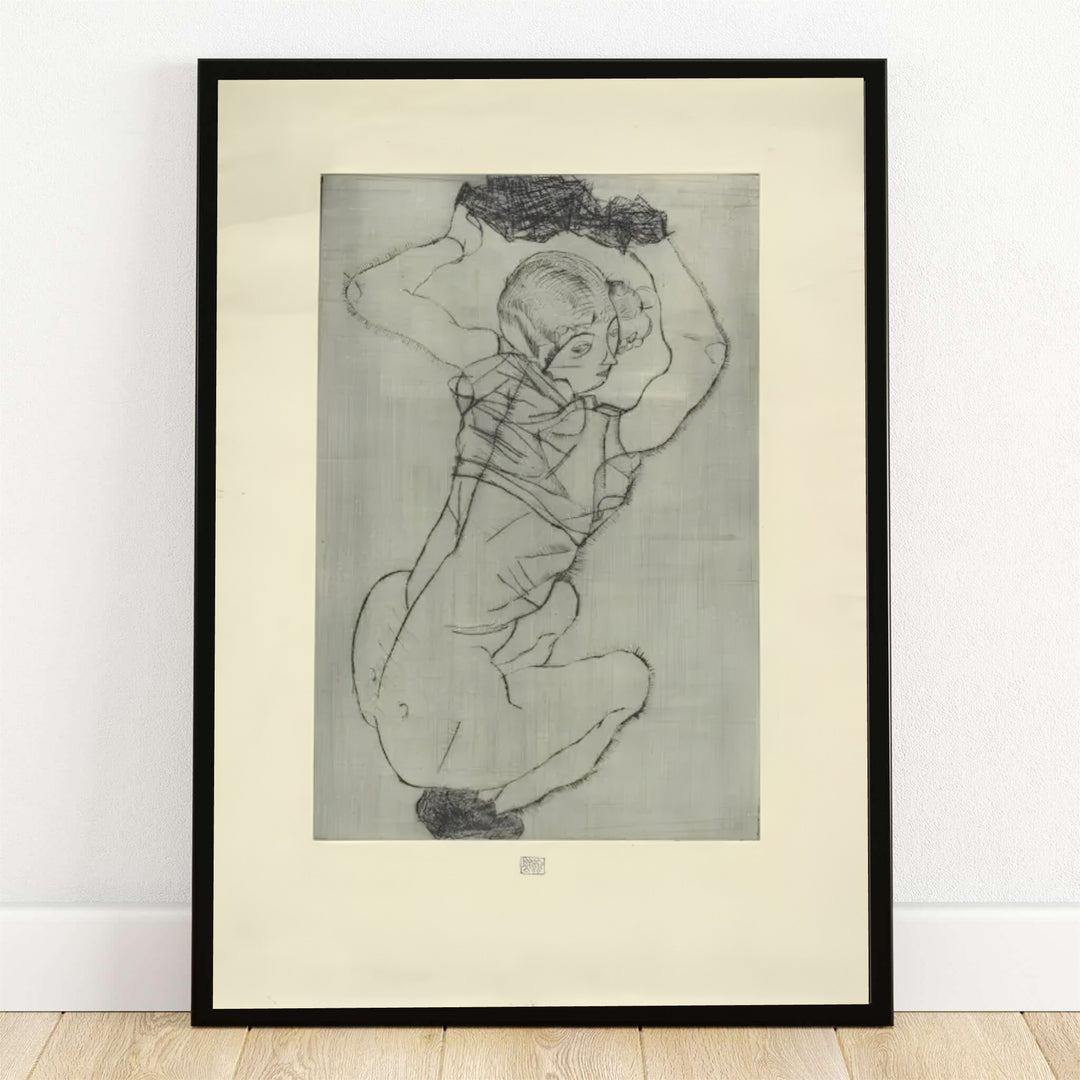 Egon Schiele Crouching Female Nude 1914 poster fine art print depicting an Expressionist drypoint figure etching in the Leopold Museum Vienna collection. MapYourDreams provides custom framed wall decor, unframed paper poster prints, and gallery stretched canvas art options for modern living room interiors.