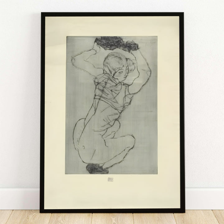 Egon Schiele Crouching Female Nude 1914 poster fine art print depicting an Expressionist drypoint figure etching in the Leopold Museum Vienna collection. MapYourDreams provides custom framed wall decor, unframed paper poster prints, and gallery stretched canvas art options for modern living room interiors.