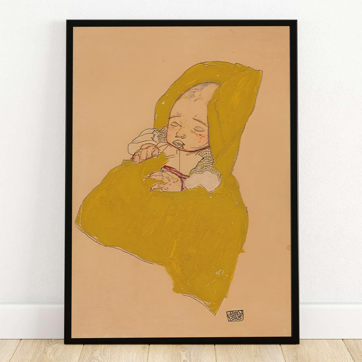 Egon Schiele Infant On A Changing Pad 1915 poster fine art print depicting a sleeping newborn wrapped in a yellow blanket in the Leopold Museum Vienna collection. MapYourDreams provides custom framed wall decor, unframed paper poster prints, and gallery stretched canvas art options for modern living room interiors.