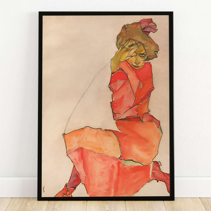 Egon Schiele Kneeling Female In Orange Red Dress 1910 poster fine art print depicting a Viennese Expressionist watercolor figure in the Leopold Museum Vienna collection. MapYourDreams provides custom framed wall decor, unframed paper poster prints, and gallery stretched canvas art options for modern living room interiors.