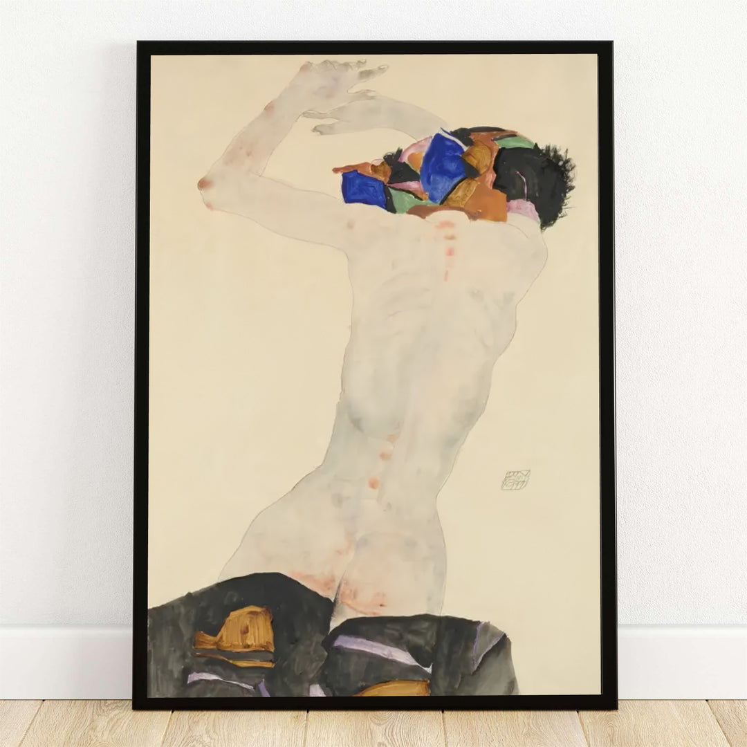 Egon Schiele Nude With Colorful Cloth 1911 poster fine art print depicting a historic Viennese Expressionist figure in the Leopold Museum Vienna collection. MapYourDreams provides custom framed wall decor, unframed paper poster prints, and gallery stretched canvas art options for modern living room interiors.