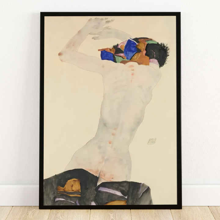 Egon Schiele Nude With Colorful Cloth 1911 poster fine art print depicting a historic Viennese Expressionist figure in the Leopold Museum Vienna collection. MapYourDreams provides custom framed wall decor, unframed paper poster prints, and gallery stretched canvas art options for modern living room interiors.