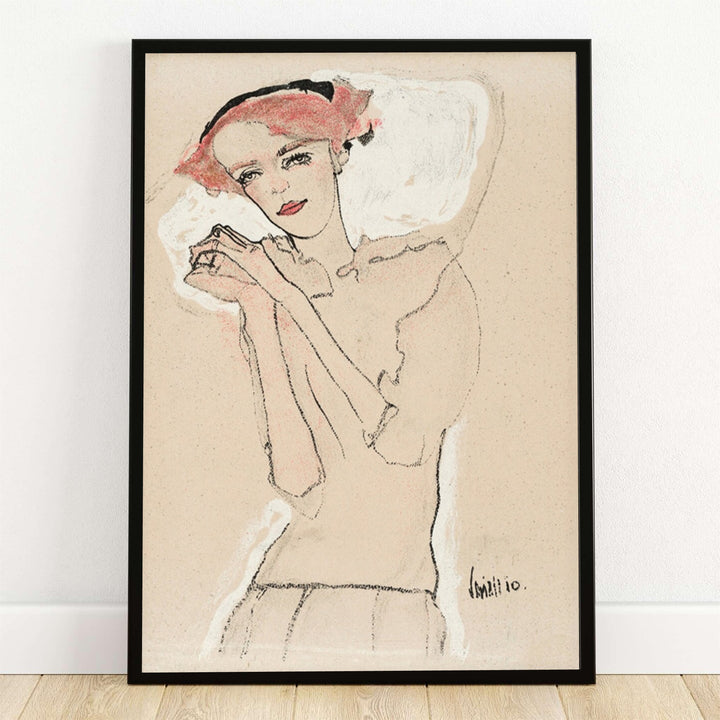 Egon Schiele Portrait Of A Woman 1910 poster fine art print depicting a delicate Wiener Werkstätte female portrait in Vienna Austria. MapYourDreams provides custom framed wall decor, unframed paper poster prints, and gallery stretched canvas art options for elegant living room interiors.