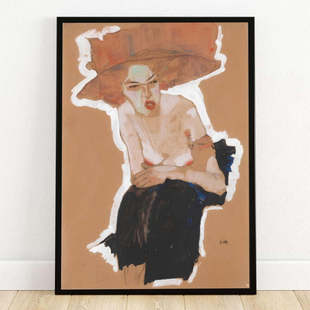 Egon Schiele Seated Woman With Hat 1910 poster fine art print depicting a historic Viennese Expressionist figure created in Vienna Austria. MapYourDreams provides custom framed wall decor, unframed paper poster prints, and gallery stretched canvas art options for dramatic living room interiors.