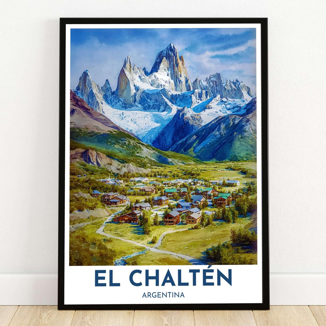 El Chalten Mount Fitz Roy print showcasing the majestic granite peaks, snow glaciers, and alpine village in Patagonia, Argentina. Crafted by MapYourDreams, this design can be ordered as borderless archival paper, custom wooden frames, or gallery canvas wraps.