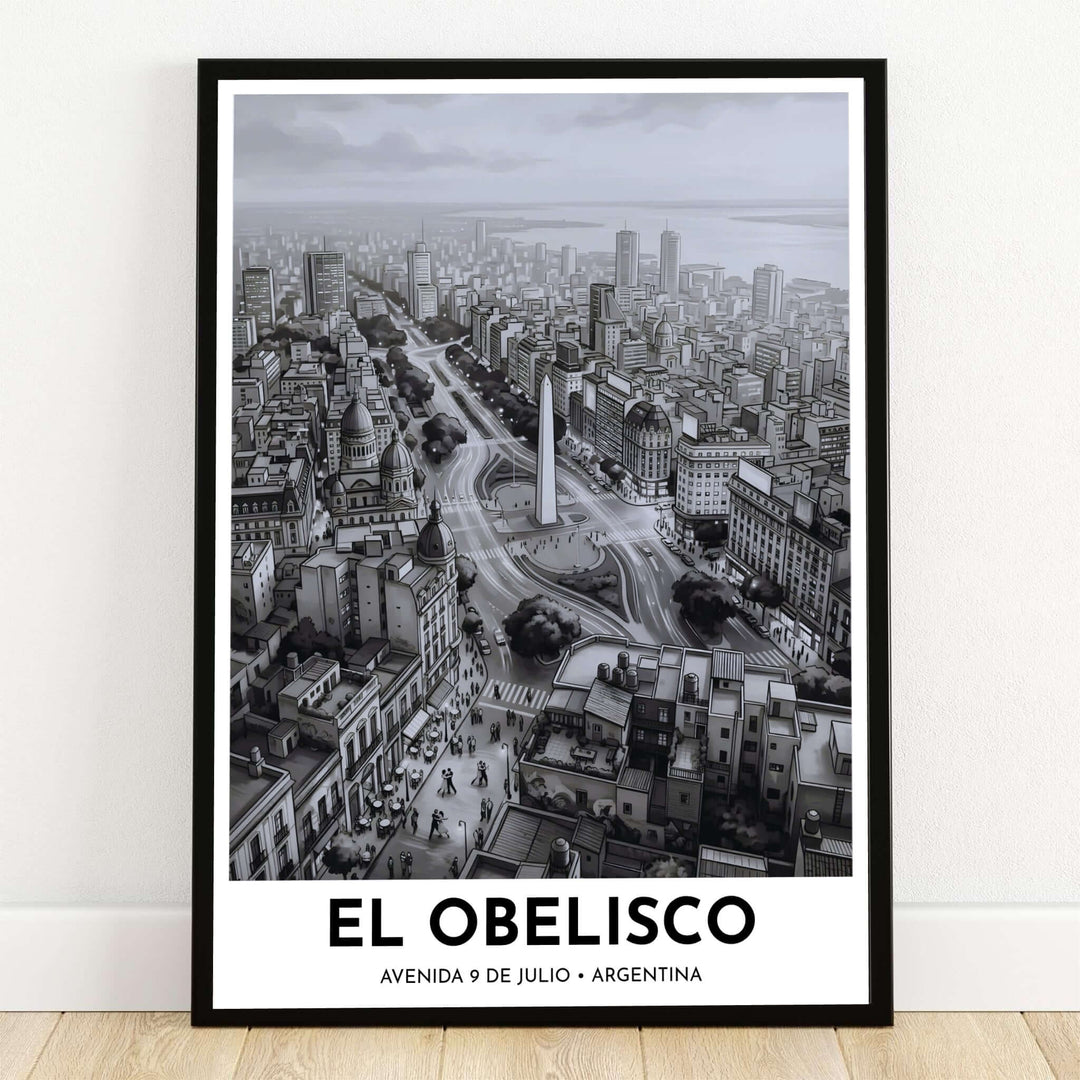 El Obelisco Buenos Aires art print featuring an elevated black and white view of Avenida 9 de Julio and surrounding architecture. Crafted by MapYourDreams, this design can be ordered as borderless archival paper, custom wooden frames, or gallery canvas wraps.