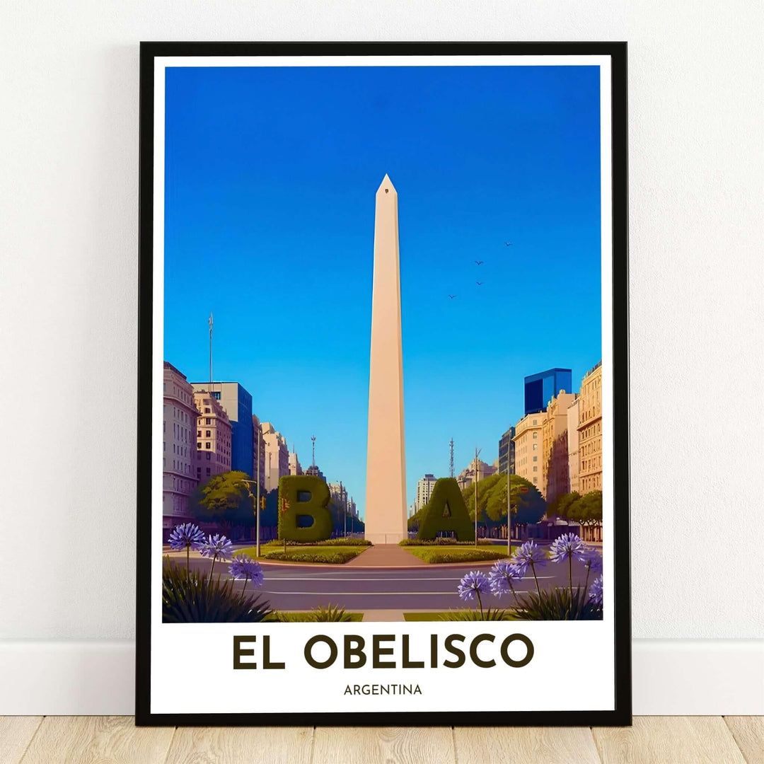 El Obelisco Buenos Aires poster print showcasing the white monument at Plaza de la Republica with the green BA hedge letters and blue sky. Crafted by MapYourDreams, this design can be ordered as borderless archival paper, custom wooden frames, or gallery canvas wraps.