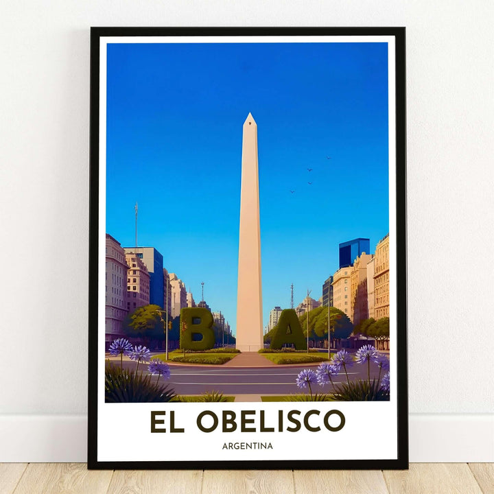 El Obelisco Buenos Aires poster print showcasing the white monument at Plaza de la Republica with the green BA hedge letters and blue sky. Crafted by MapYourDreams, this design can be ordered as borderless archival paper, custom wooden frames, or gallery canvas wraps.