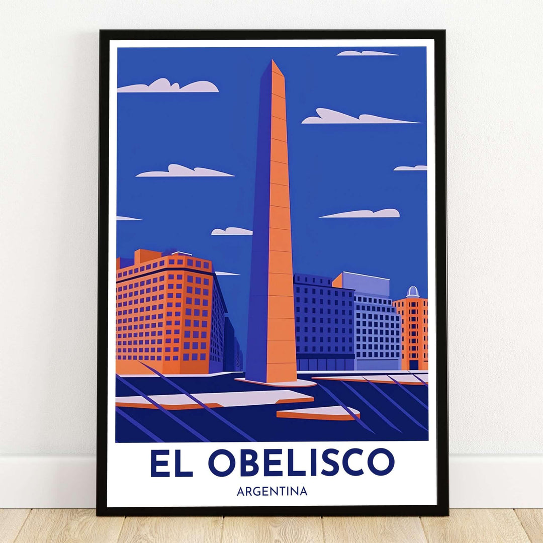 El Obelisco Buenos Aires art print featuring an art deco vintage skyline with deep blue twilight sky and terracotta building facades. Crafted by MapYourDreams, this design can be ordered as borderless archival paper, custom wooden frames, or gallery canvas wraps.