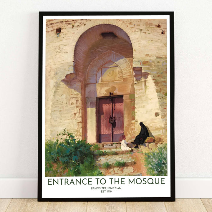Fine art oil painting print titled Entrance to the Mosque by Panos Terlemezian depicting a sunlit stone archway and figures on steps. Offered by MapYourDreams, this artwork is available in flexible options including unframed paper, custom wooden frames, and gallery canvas wraps for room decor.