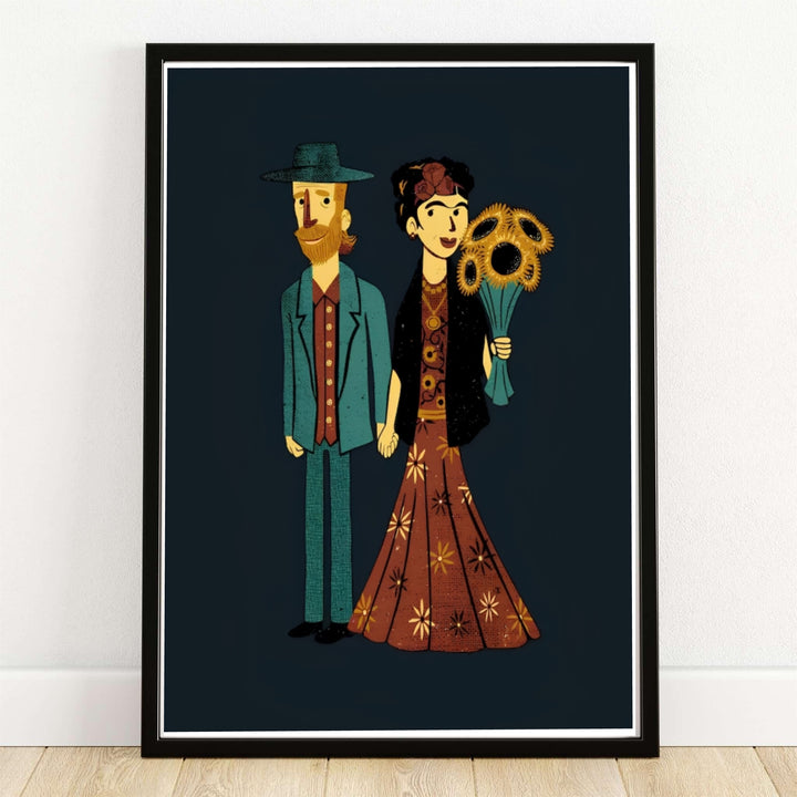 Unique double portrait poster print of Frida Kahlo And Van Gogh Couple 1939 with sunflower accents set in Coyoacán, Mexico City. MapYourDreams delivers archival framed wall art, unframed fine art paper prints, and gallery canvas prints for vibrant living room room decor.