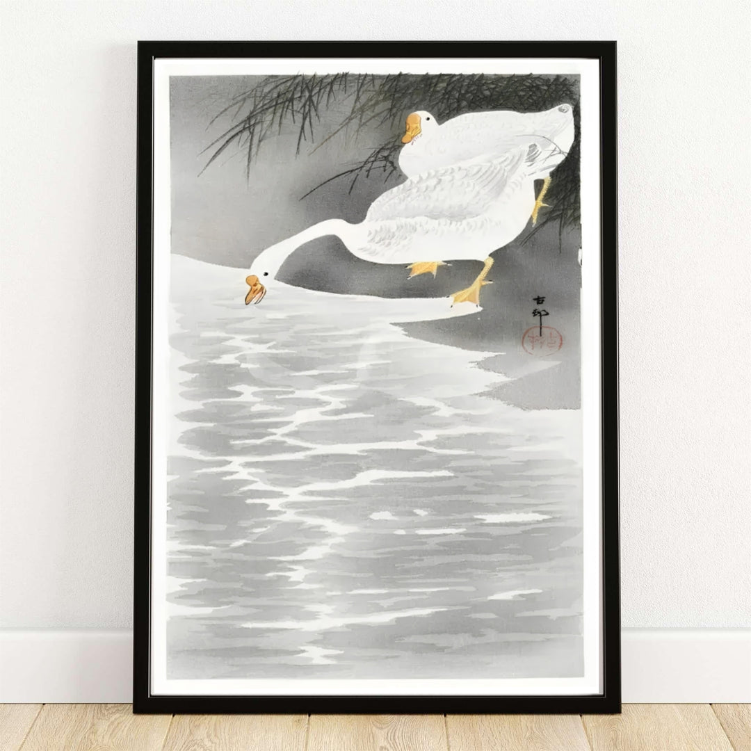 Ohara Koson Geese On The Shore 1900 1930 Japanese woodblock print by artist Ohara Koson set in a Lake Biwa shoreline style. MapYourDreams provides custom framed, unframed paper, and canvas wall art decor choices.