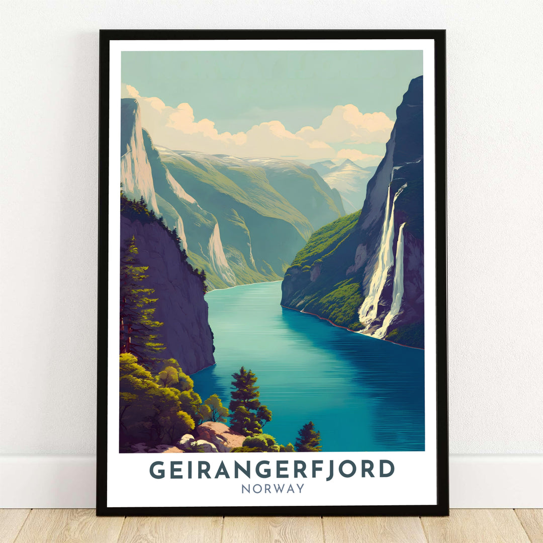 A dramatic vintage travel illustration depicting the iconic Geirangerfjord in Norway with the Seven Sisters Waterfall cascading down sheer cliff faces into turquoise waters. Designed to suit modern living rooms, this artwork offers versatile display styles with options in framed, unframed, or gallery wrapped canvas formats for Scandinavian home decor.