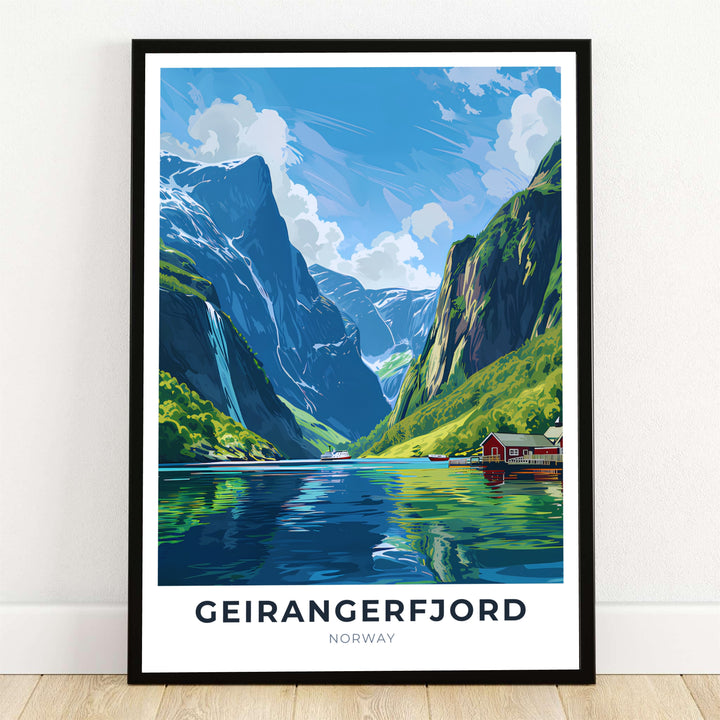 A vivid vector illustration showcasing a cruise ship navigating the deep blue waters of Geirangerfjord in Norway with waterfalls and mountain peaks in the background. Designed for modern interiors, this fine wall decor piece comes available as a framed print, gallery wrapped canvas, or unframed paper poster to elevate your Scandinavian home aesthetic.
