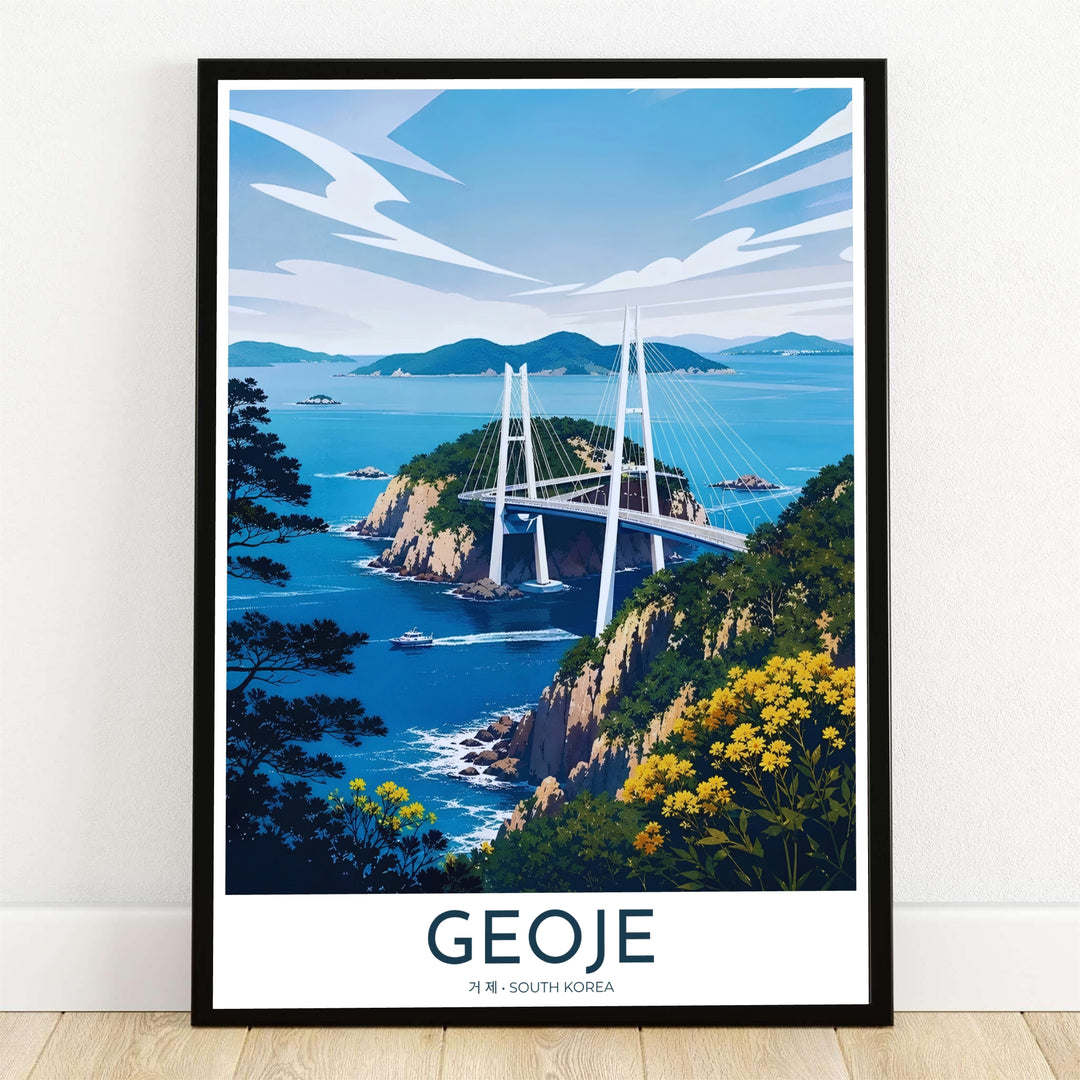 Detailed vector art print capturing the magnificent cable-stayed towers of Geoga Bridge in Geoje, South Korea, spanning across turquoise ocean waters, rocky islands, and coastal yellow wildflowers. Offered by MapYourDreams, this artwork is available in flexible options including unframed paper, custom wooden frames, and gallery canvas wraps.