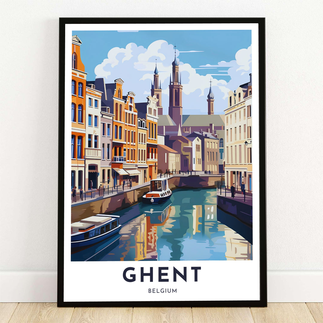 A retro-style travel art poster depicting the sunlit canals, historic step-gabled guildhalls, and soaring towers of Ghent, Belgium. Offered by MapYourDreams, this artwork is available in flexible options including unframed paper, custom wooden frames, and gallery canvas wraps.