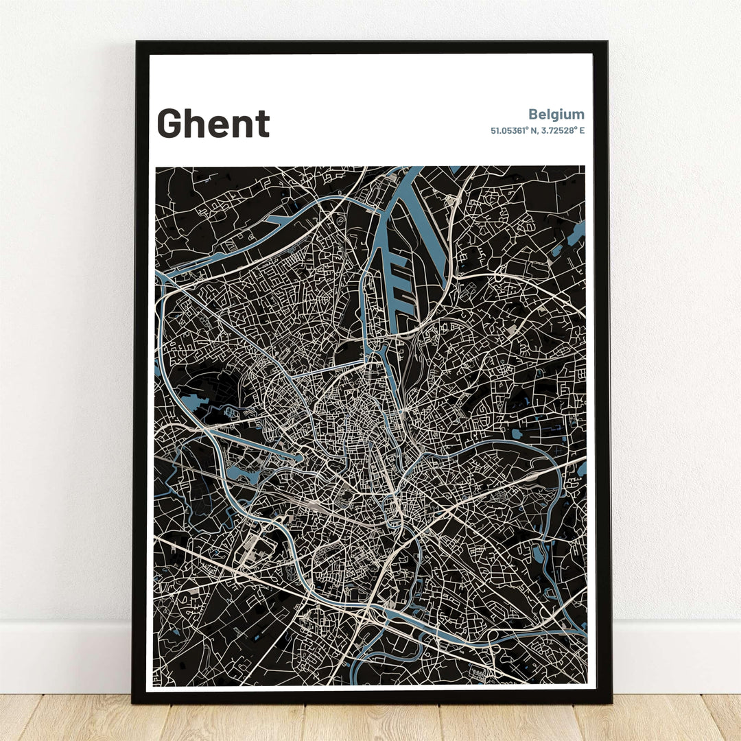 Modern dark mode city map art print of Ghent, Belgium, showcasing street grids and blue canal waterways. Offered by MapYourDreams, this artwork is available in flexible options including unframed paper, custom wooden frames, and gallery canvas wraps.