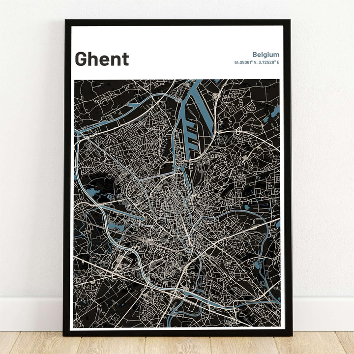 Modern dark mode city map art print of Ghent, Belgium, showcasing street grids and blue canal waterways. Offered by MapYourDreams, this artwork is available in flexible options including unframed paper, custom wooden frames, and gallery canvas wraps.