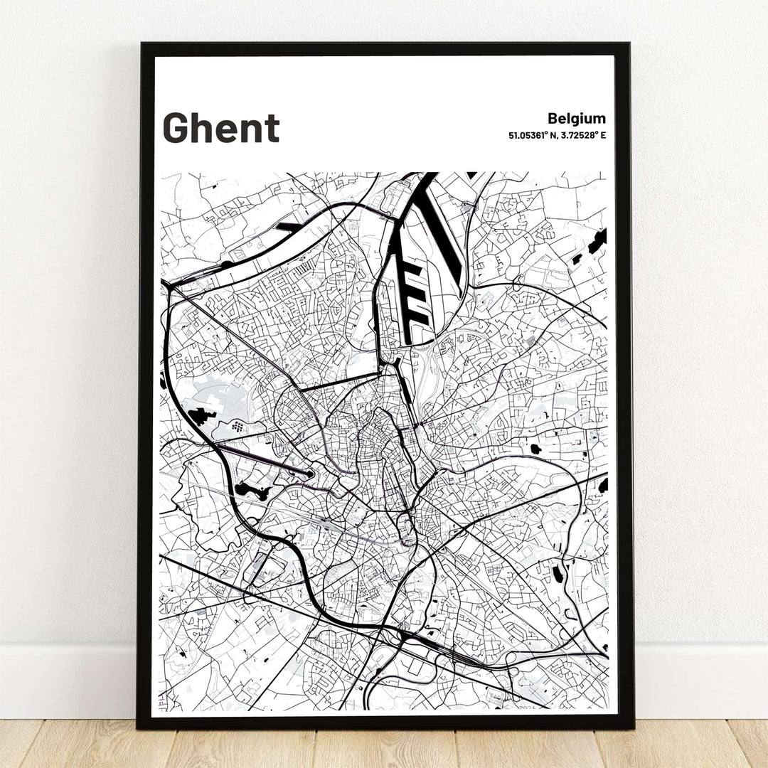 Minimalist black and white city map art print of Ghent, Belgium, showcasing street grids and canal waterways. Offered by MapYourDreams, this artwork is available in flexible options including unframed paper, custom wooden frames, and gallery canvas wraps.