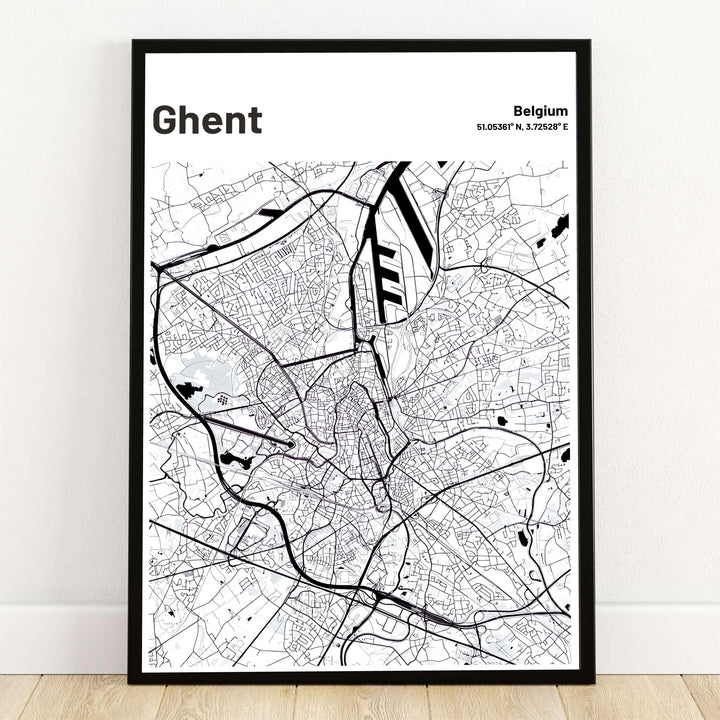 Minimalist black and white city map art print of Ghent, Belgium, showcasing street grids and canal waterways. Offered by MapYourDreams, this artwork is available in flexible options including unframed paper, custom wooden frames, and gallery canvas wraps.
