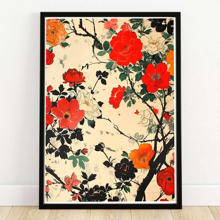 Great Japan Hokusai Japanese Floral print by artist Katsushika Hokusai set in an Edo Tokyo botanical garden style. MapYourDreams provides custom framed, unframed paper, and canvas wall art decor choices.
