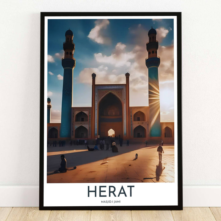 Sunset photography art print of the Great Mosque of Herat in Afghanistan with a bright sunburst behind minarets. Offered by MapYourDreams, this artwork is available in flexible options including unframed paper, custom wooden frames, and gallery canvas wraps for room decor.
