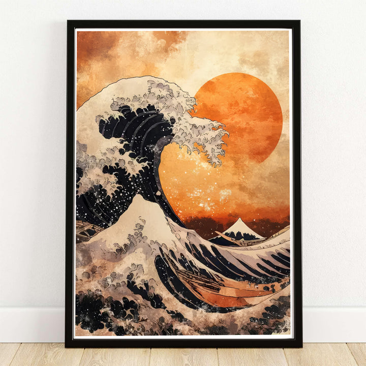 Great Wave Off Kanagawa 1831 print by artist Katsushika Hokusai showing a red sun sunset off Sagami Bay. MapYourDreams provides custom framed, unframed paper, and canvas wall art decor choices.