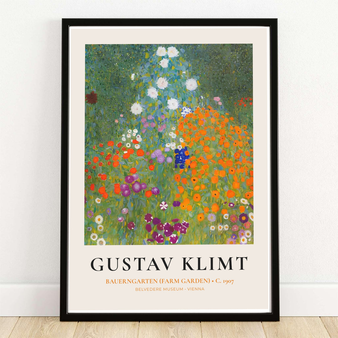 Gustav Klimt Bauerngarten Farm Garden 1907 exhibition poster displaying a vibrant floral meadow originally housed in the Belvedere Museum in Vienna, Austria. MapYourDreams provides custom framed wall art, unframed paper prints, and gallery stretched canvas wall decor options to elevate colorful living room interiors.